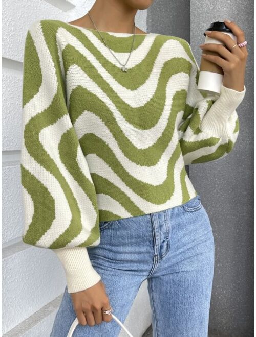 Shein Wave Stripe Pattern Lantern Sleeve Sweater