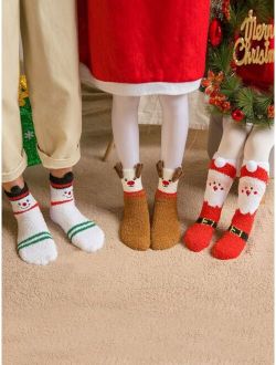3pairs Toddler Kids Christmas Elk Snowman Pattern Fuzzy Socks