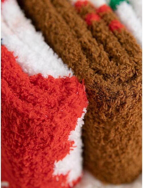 Shein 3pairs Toddler Kids Christmas Elk Snowman Pattern Fuzzy Socks
