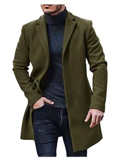 PASLTER Mens Trench Coat Slim Fit Notched Collar Fall Winter Single Breasted Pea Coat Warm Soft Overcoat