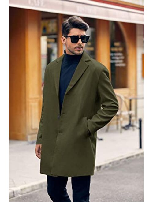 PASLTER Mens Trench Coat Slim Fit Notched Collar Fall Winter Single Breasted Pea Coat Warm Soft Overcoat