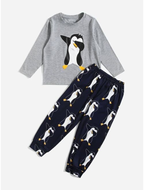 SHEIN Toddler Boys Penguin Print Tee & Pants Lounge Set