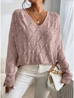 Pearls Beaded Pointelle Knit Drop Shoulder Sweater