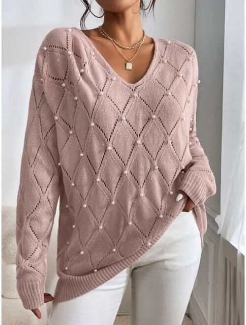 SHEIN Pearls Beaded Pointelle Knit Drop Shoulder Sweater