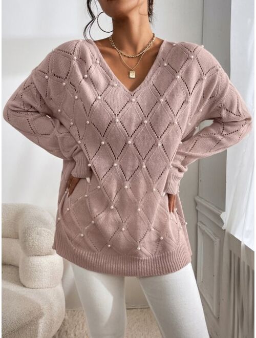 SHEIN Pearls Beaded Pointelle Knit Drop Shoulder Sweater