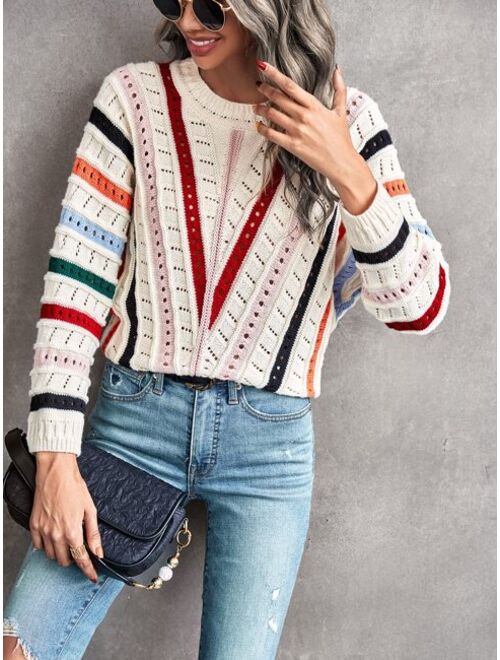 Shein Block Striped Pattern Pointelle Knit Batwing Sleeve Sweater