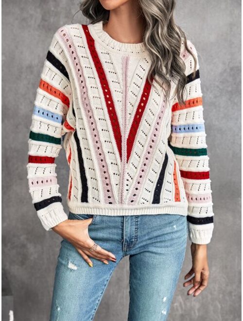 Shein Block Striped Pattern Pointelle Knit Batwing Sleeve Sweater