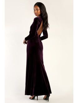 Mystical Moment Purple Velvet Long Sleeve Backless Maxi Dress