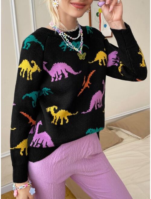 Shein Dinosaur Graphic Raglan Sleeve Sweater