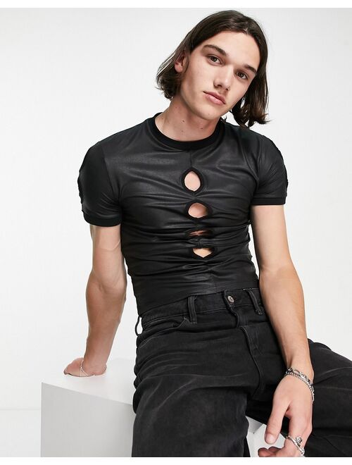 ASOS DESIGN muscle t-shirt in black coated fabric with cut outs