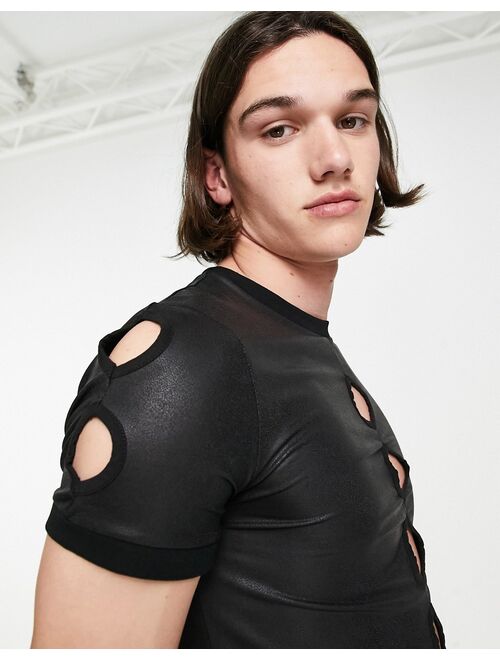 ASOS DESIGN muscle t-shirt in black coated fabric with cut outs
