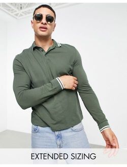 long sleeve tipped pique polo shirt in khaki - MGREEN