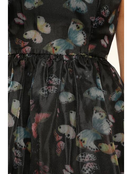 Lulus Pretty Whimsical Black Butterfly Print Organza Skater Mini Dress