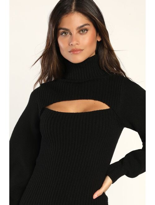 Lulus Warm Companion Black Ribbed Knit Bodycon Midi Sweater Dress