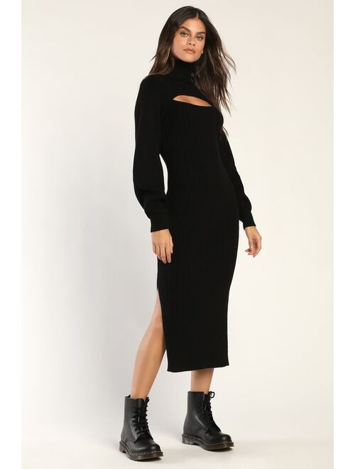 Lulus Warm Companion Black Ribbed Knit Bodycon Midi Sweater Dress