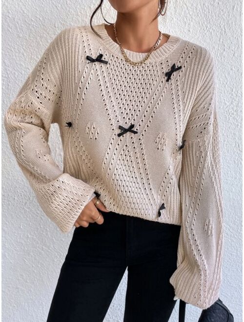 Shein Bow Front Pointelle Knit Drop Shoulder Sweater