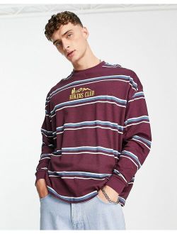 oversized long sleeve stripe T-shirt in burgundy with mountain chest print