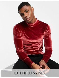muscle long sleeve t-shirt in burgundy velour with turtle neck