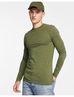 muscle fit long sleeve t-shirt with crew neck in khaki