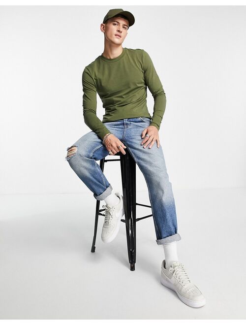 ASOS DESIGN muscle fit long sleeve t-shirt with crew neck in khaki