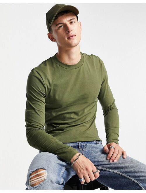 ASOS DESIGN muscle fit long sleeve t-shirt with crew neck in khaki