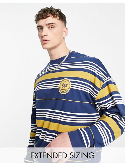 ASOS DESIGN oversized stripe T-shirt in navy with running club badging