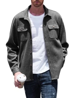 Mens Casual Wool Blend Shackets Long Sleeve Button Down Shirt Jacket with Side Pockets