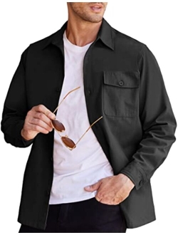 Men's Shirt Jacket Lightweight Trucker Jacket Long Sleeve Cargo Cotton Work Shirt