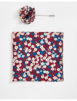 Gianni Feraud liberty print pocket square and lapel pin in burgundy floral