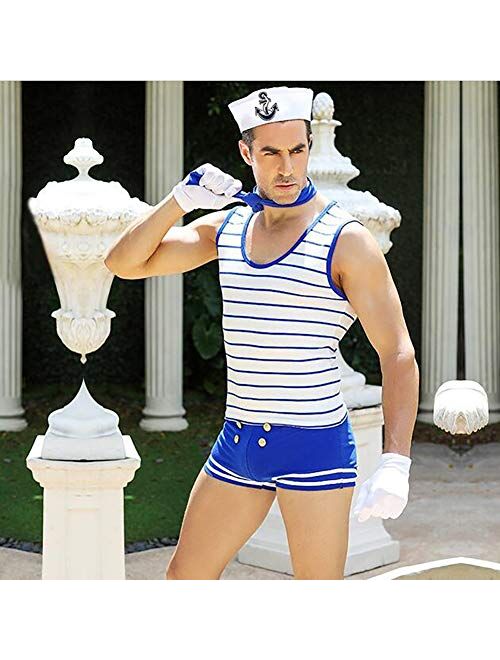 XinYiQu Mens Role Play Navy Sexy Lingerie Set Blue Stripe Halloween Costume Cosplay Sailor Uniform Outfit