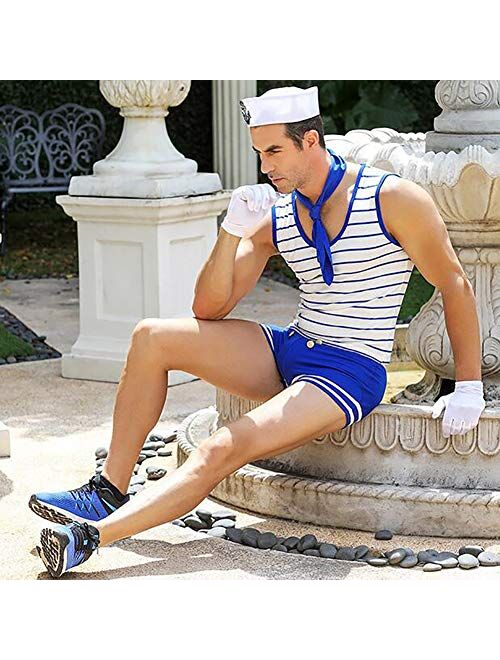 XinYiQu Mens Role Play Navy Sexy Lingerie Set Blue Stripe Halloween Costume Cosplay Sailor Uniform Outfit