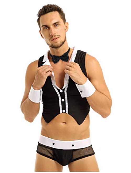 Agoky Men's Butler Waiter Cosplay Halloween Costume Tuxedo Lingerie Sets Sleeveless Shirt Boxer Briefs with Collar Cuffs