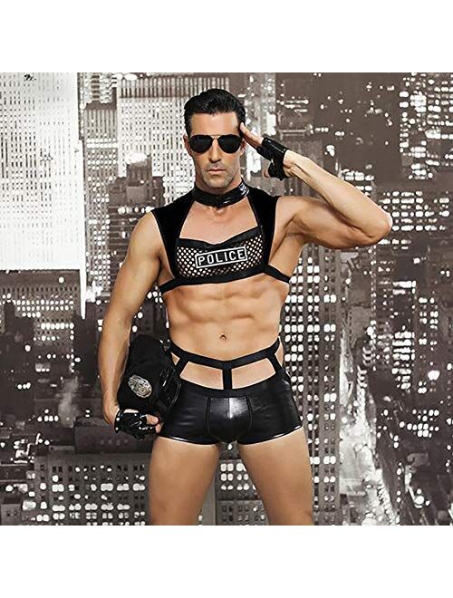 XinYiQu Men's Policeman Role Play Sexy Lingerie Set Police Officer Halloween Costume Outfit Uniform Black