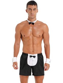 ACSUSS Men's Sissy Waiter Cosplay Halloween Costumes Sexy Mini Underwear Hand Cuffs Bowtie Outfits Set