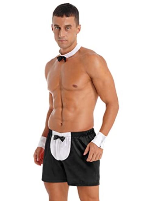 ACSUSS Men's Sissy Waiter Cosplay Halloween Costumes Sexy Mini Underwear Hand Cuffs Bowtie Outfits Set
