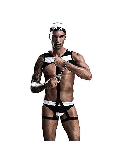 XinYiQu Mens Cosplay Prisoner Sexy Lingerie Set Role Play Uniform Costume Outfits