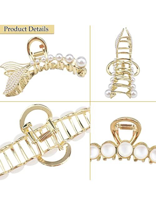 Jelyne 5 Pcs Large Metal Hair Claw Clips Shiny Pearl and Rhinestone Non-Slip No Broken Hair Clamps Cat's eye Opal Stone Hair Hold Clip for Women Thin Hair and Thick Hair