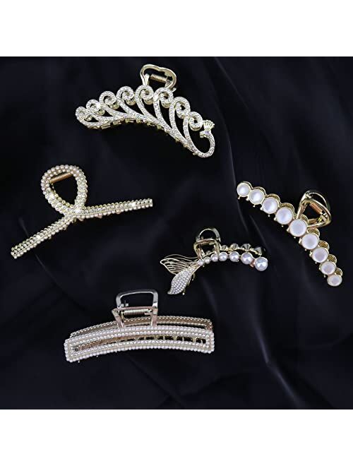 Jelyne 5 Pcs Large Metal Hair Claw Clips Shiny Pearl and Rhinestone Non-Slip No Broken Hair Clamps Cat's eye Opal Stone Hair Hold Clip for Women Thin Hair and Thick Hair