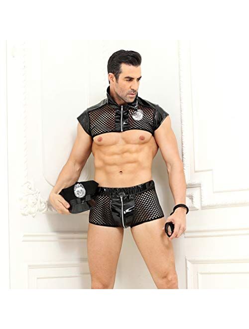 Heallily Men Sex Halloween Costume Erotic Cosplay Lingerie Outfits Detective Sexy Underwear Kit for Adults Male (Jacket + Hat + Shorts + Handcuffs)