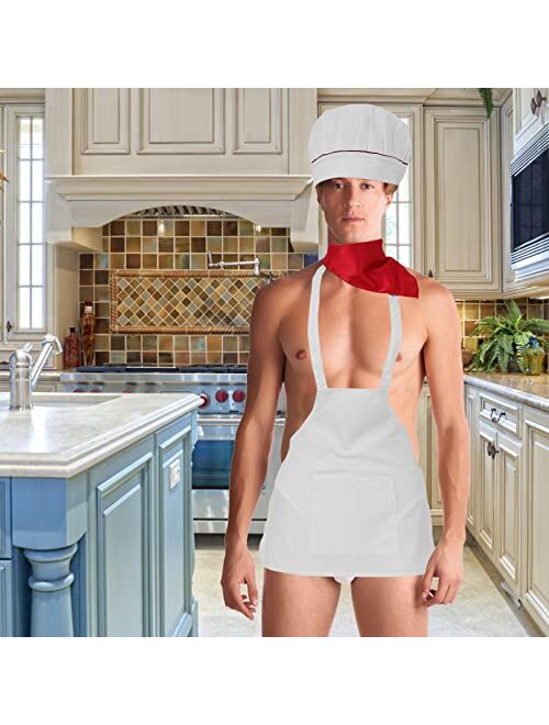 BESTOYARD Men Sexy Outfits Lingerie Set Chef Sexy Cosplay Outfits Apron for Bachelor Party Role Play Halloween Costume Waiter Lingerie Valentine Birthday Gift (Hat+Underp