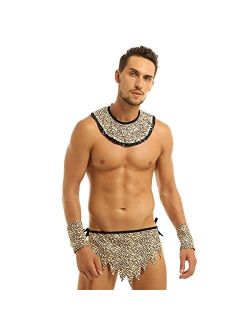 YOOJOO Men's Caveman Costume Leopard Print Collar Loincloth Underwear with Wristbands Cosplay Halloween