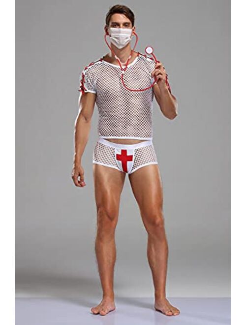 URVIP Men's Sexy Lingerie Set Role Play Doctor Uniform Night Club Halloween Costume Outfit White