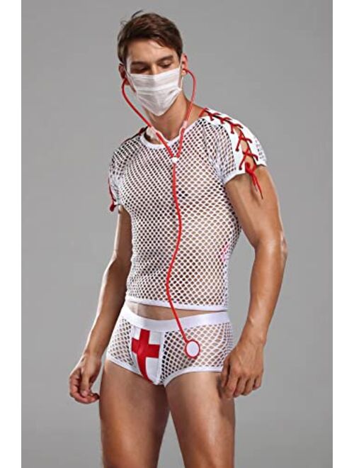 URVIP Men's Sexy Lingerie Set Role Play Doctor Uniform Night Club Halloween Costume Outfit White