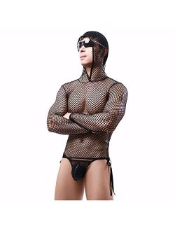 Ctreela Men's Fishnet Lingerie Underwear Gentleman Halloween Costume Cosplay Outfits Long Sleeve Hooded Muscle Tops with Thong