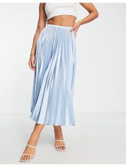 satin plisse pleated midi skirt in pale blue