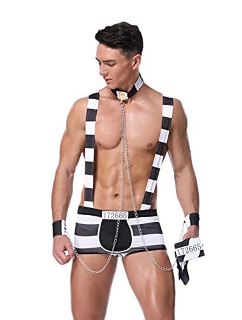 URVIP Men's Sexy Lingerie Set Role Play Prison-Inmates Uniform Night Club Halloween Costume Outfit One Size Black White