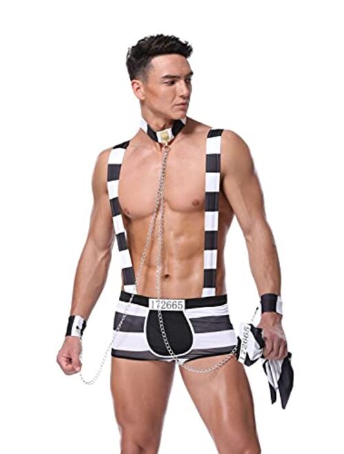 URVIP Men's Sexy Lingerie Set Role Play Prison-Inmates Uniform Night Club Halloween Costume Outfit One Size Black White
