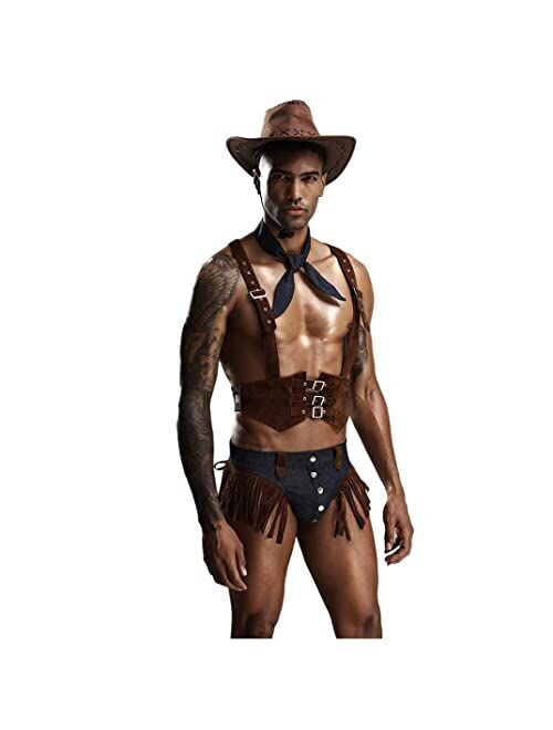 Zheshi Men's 4 Peice Western Cowboy Costume Suede Suit Vest and Tassel Shorts Sexy Uniform Lingerie for Halloween Party