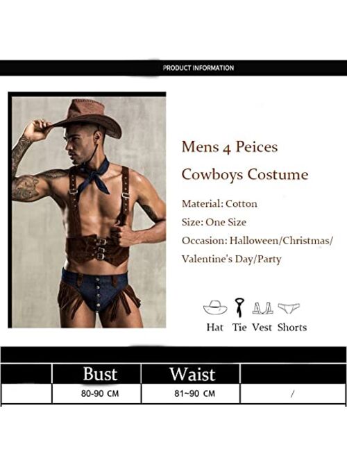 Zheshi Men's 4 Peice Western Cowboy Costume Suede Suit Vest and Tassel Shorts Sexy Uniform Lingerie for Halloween Party