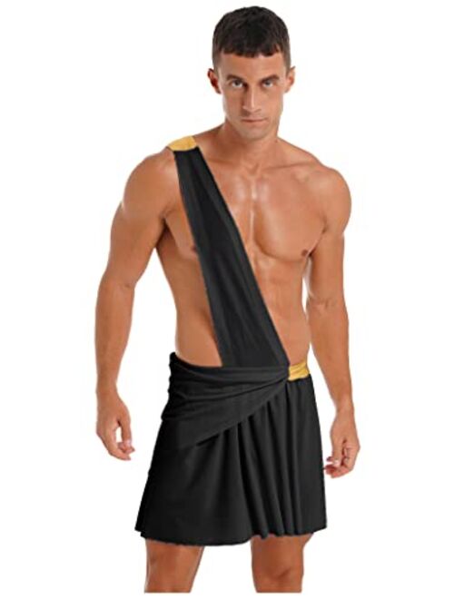 Haitryli Mens Ancient Greek Roman Cosplay Costumes One-Shoulder Strap Ruffle Skirt Grecian Sexy Toga
